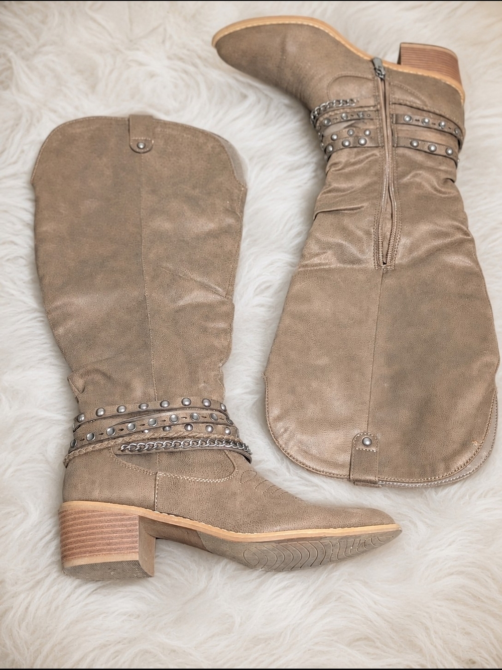 Taupe Women's Studded Mid-Calf Boots X-appeal
